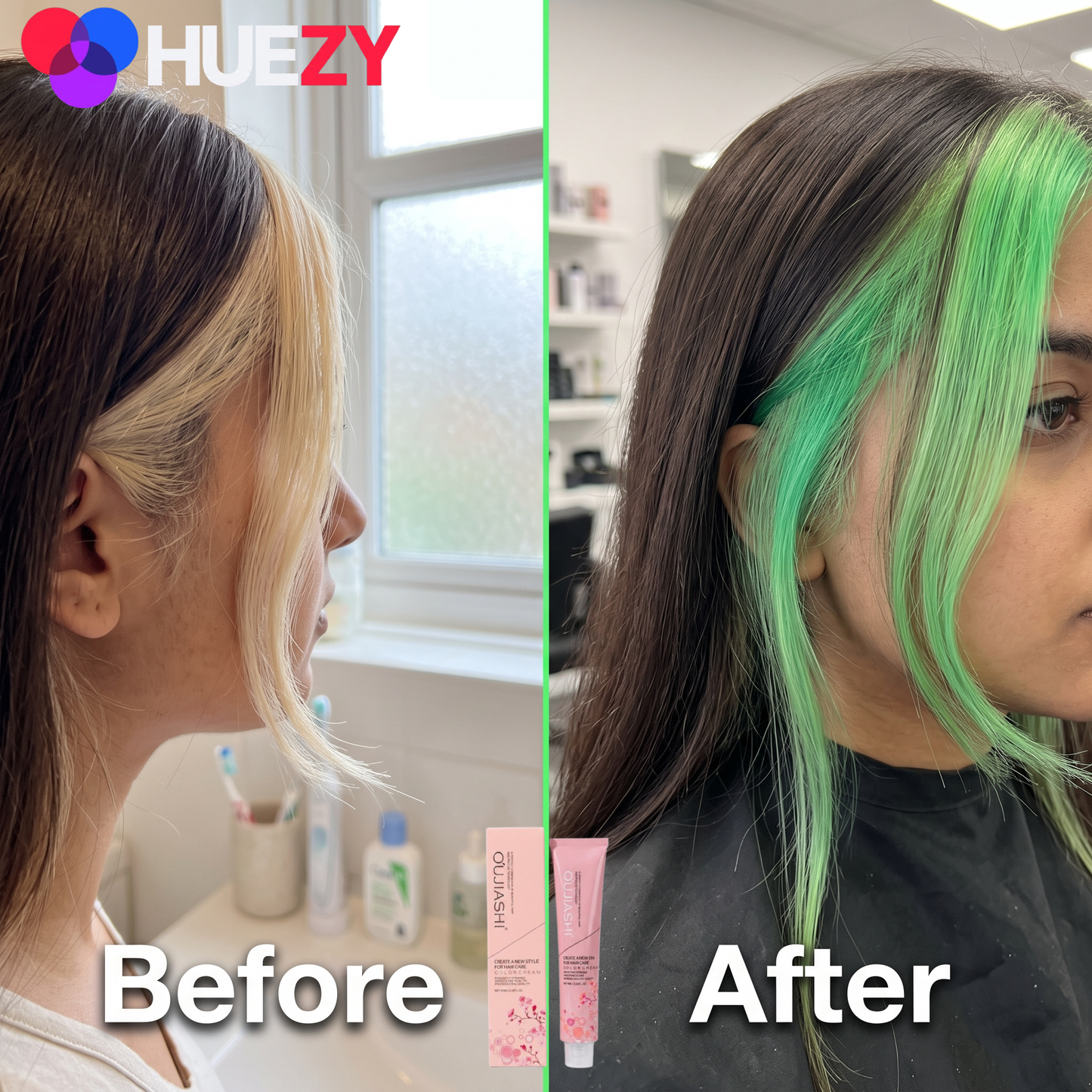 Oujiashi green hair color shade swatch, true vivid green